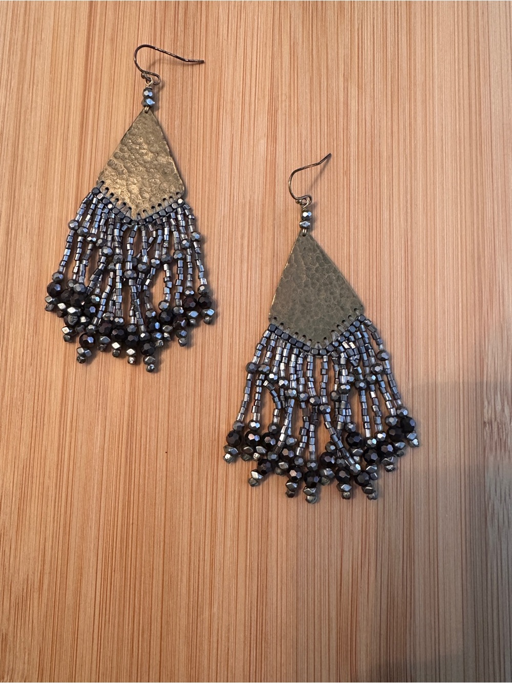 Artisan Hammered Gold & Hematite Fringe Statement Earrings